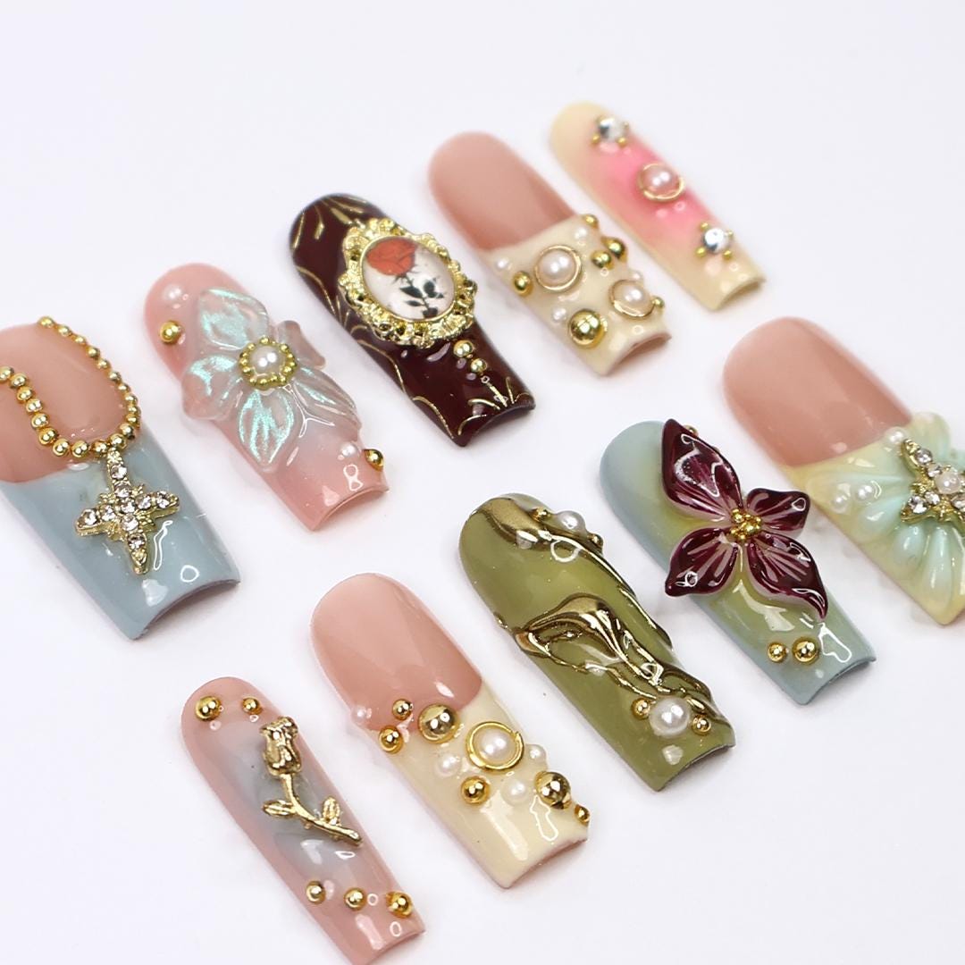 Elysian Romantic Press-On Nails - 3D Flowers, Gold & Pearl Details, Handmade Long Square Nails for Classic Elegance, Events and Gift For Her