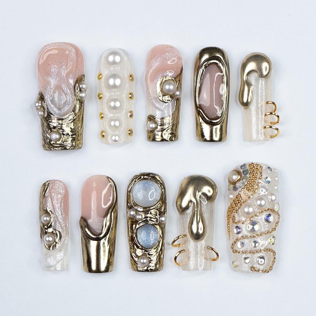 Opulent Drip Long Square Press-On Nails - Gold Molten Metal & Pearl, Handmade Luxury Nails For Couture Looks, Festivals Or Unique Gifts