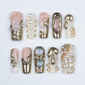 Opulent Drip Long Square Press-On Nails - Gold Molten Metal & Pearl, Handmade Luxury Nails For Couture Looks, Festivals Or Unique Gifts