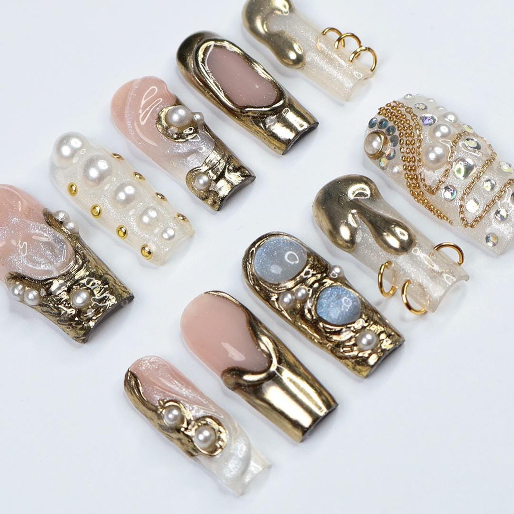 Opulent Drip Long Square Press-On Nails - Gold Molten Metal & Pearl, Handmade Luxury Nails For Couture Looks, Festivals Or Unique Gifts