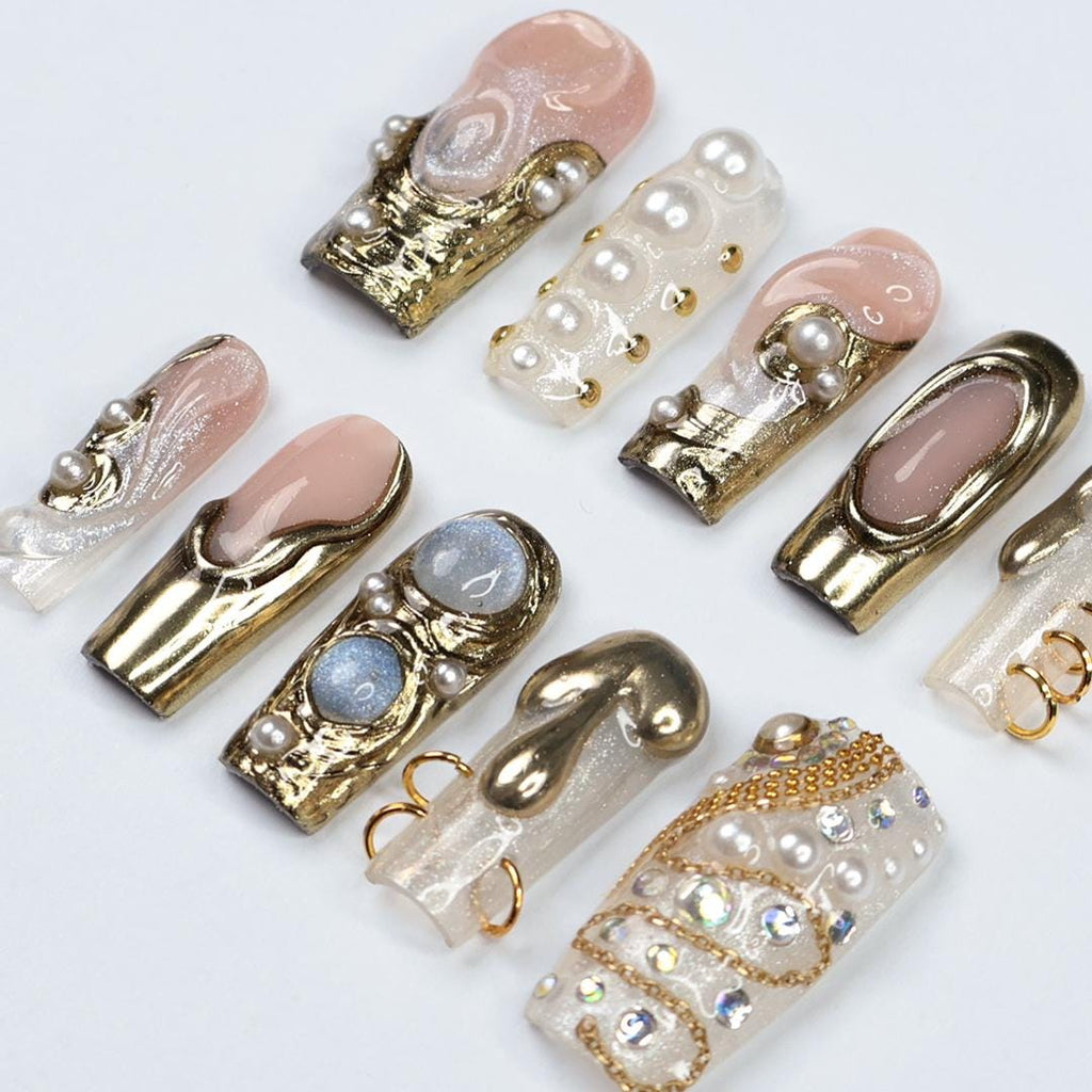 Opulent Drip Long Square Press-On Nails - Gold Molten Metal & Pearl, Handmade Luxury Nails For Couture Looks, Festivals Or Unique Gifts