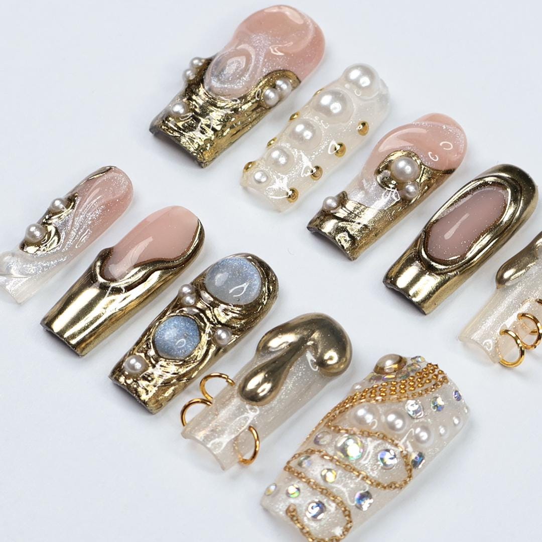 Opulent Drip Long Square Press-On Nails - Gold Molten Metal & Pearl, Handmade Luxury Nails For Couture Looks, Festivals Or Unique Gifts