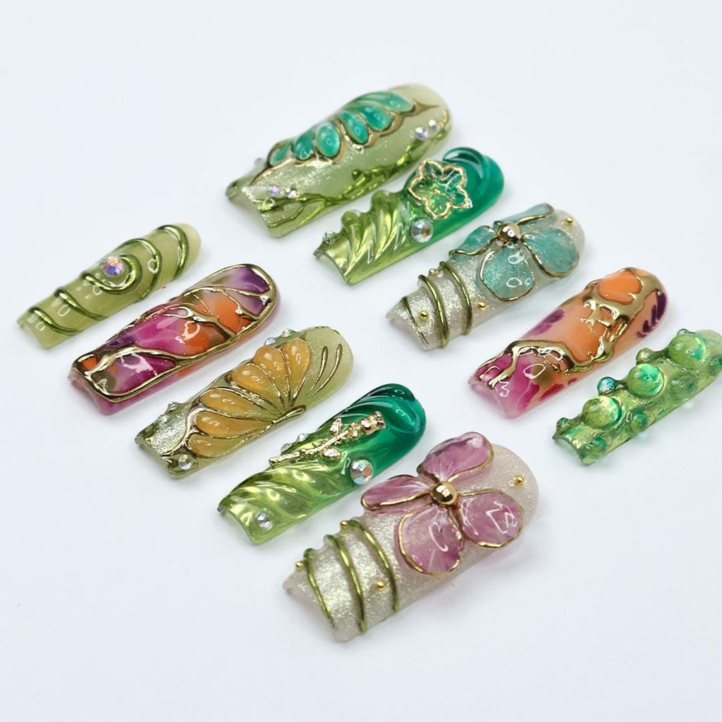 Botanica Long Square Press-On Nails - Vibrant Green & Floral 3D Nail Set, Handmade Nails for Fairy-Tale Looks and Weddings Or Gift For Her