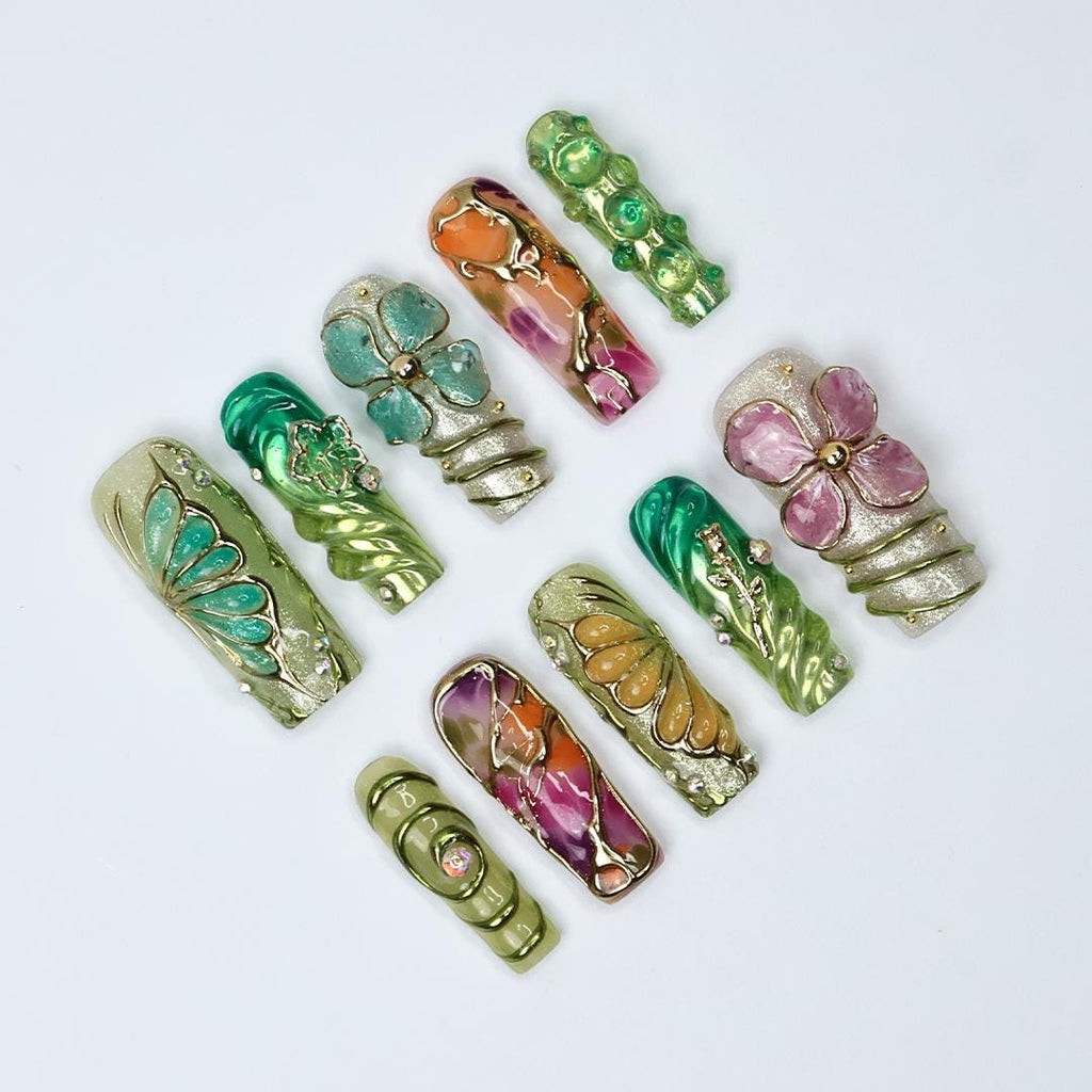 Botanica Long Square Press-On Nails - Vibrant Green & Floral 3D Nail Set, Handmade Nails for Fairy-Tale Looks and Weddings Or Gift For Her
