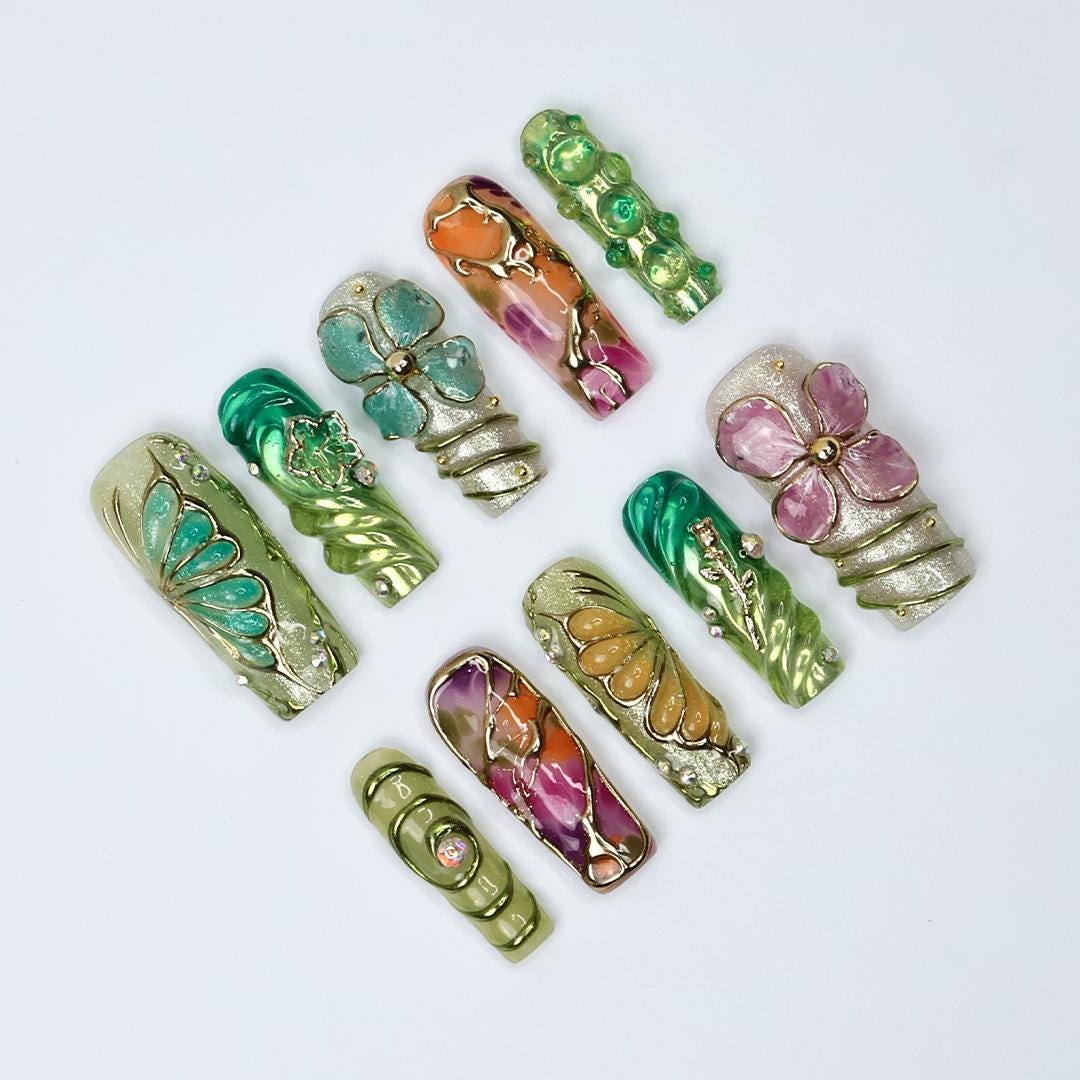 Botanica Long Square Press-On Nails - Vibrant Green & Floral 3D Nail Set, Handmade Nails for Fairy-Tale Looks and Weddings Or Gift For Her