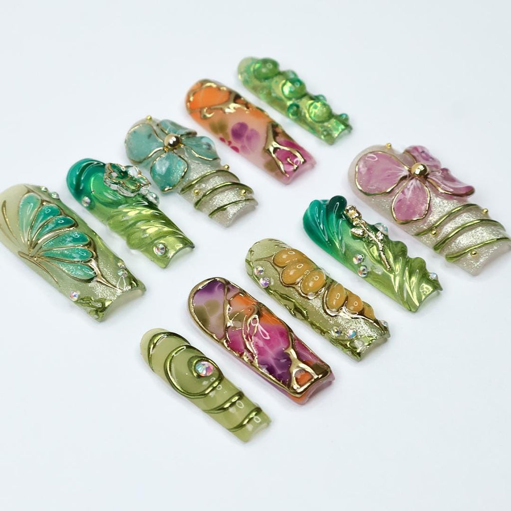 Botanica Long Square Press-On Nails - Vibrant Green & Floral 3D Nail Set, Handmade Nails for Fairy-Tale Looks and Weddings Or Gift For Her