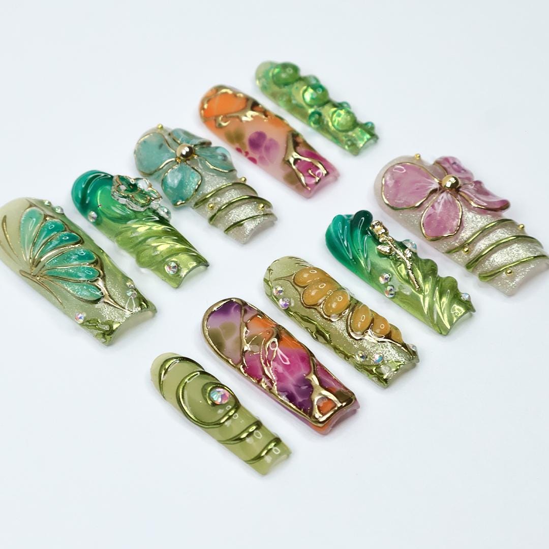 Botanica Long Square Press-On Nails - Vibrant Green & Floral 3D Nail Set, Handmade Nails for Fairy-Tale Looks and Weddings Or Gift For Her