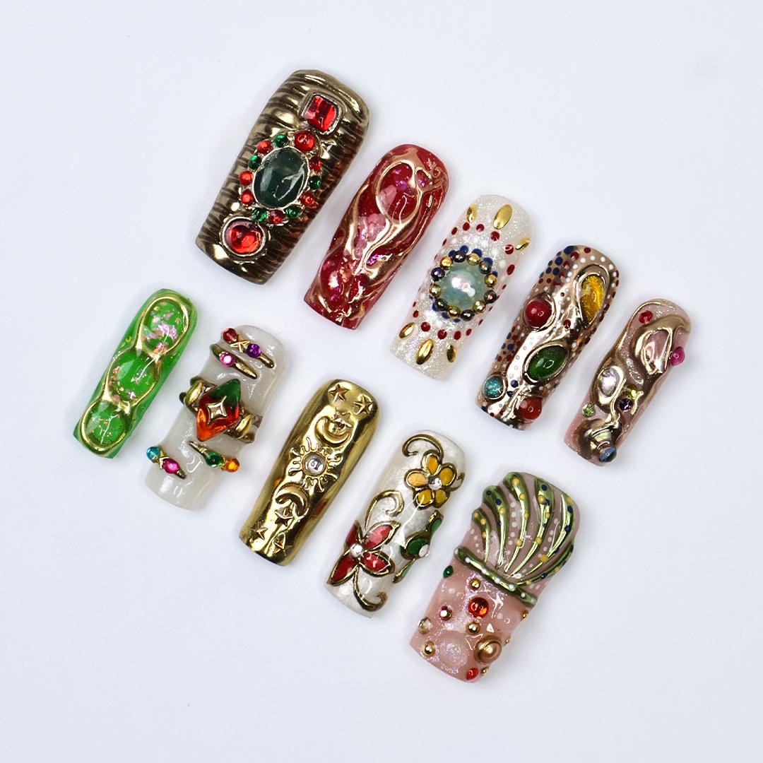 Regalia Press-On Nails - Royal-Inspired Red, Green & Gold Jewel Nail Set, Handmade Long Square Nails for Opulent Looks, Events and Gifts