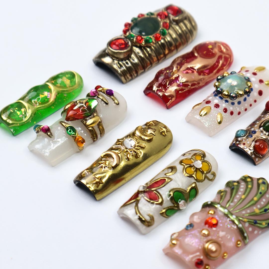 Regalia Press-On Nails - Royal-Inspired Red, Green & Gold Jewel Nail Set, Handmade Long Square Nails for Opulent Looks, Events and Gifts