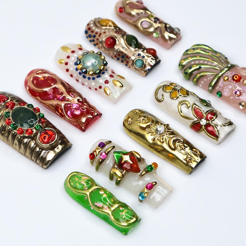 Regalia Press-On Nails - Royal-Inspired Red, Green & Gold Jewel Nail Set, Handmade Long Square Nails for Opulent Looks, Events and Gifts