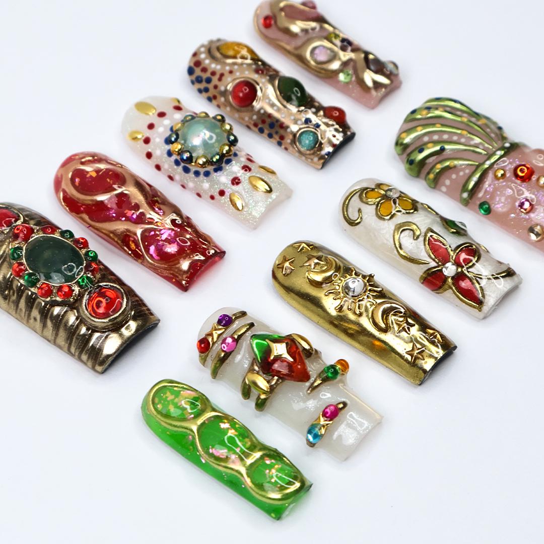 Regalia Press-On Nails - Royal-Inspired Red, Green & Gold Jewel Nail Set, Handmade Long Square Nails for Opulent Looks, Events and Gifts
