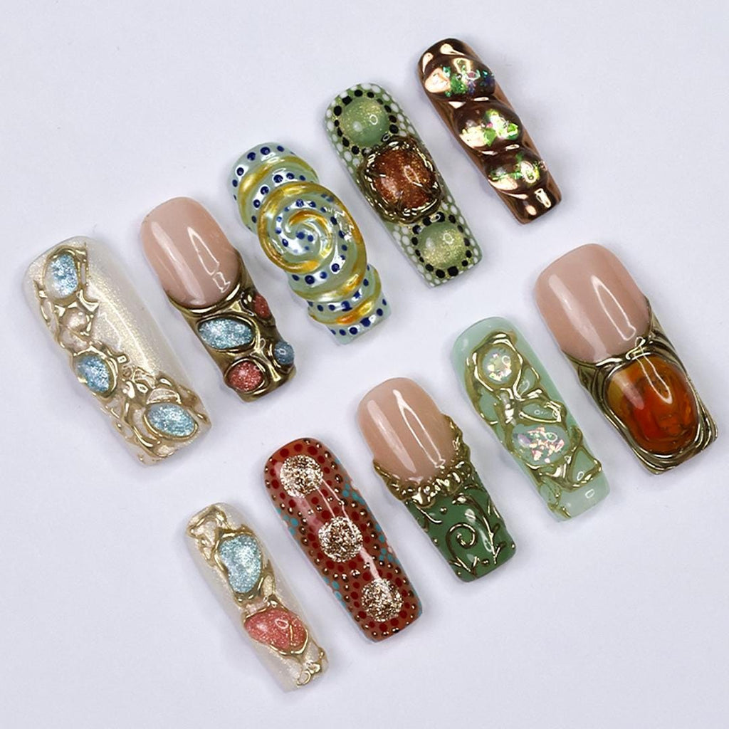 Arcanum Mystical Press-On Nails - 3D Gemstones, Gold Swirls & Artistic Details, Handmade Long Square Nails for Luxury and Unique Style