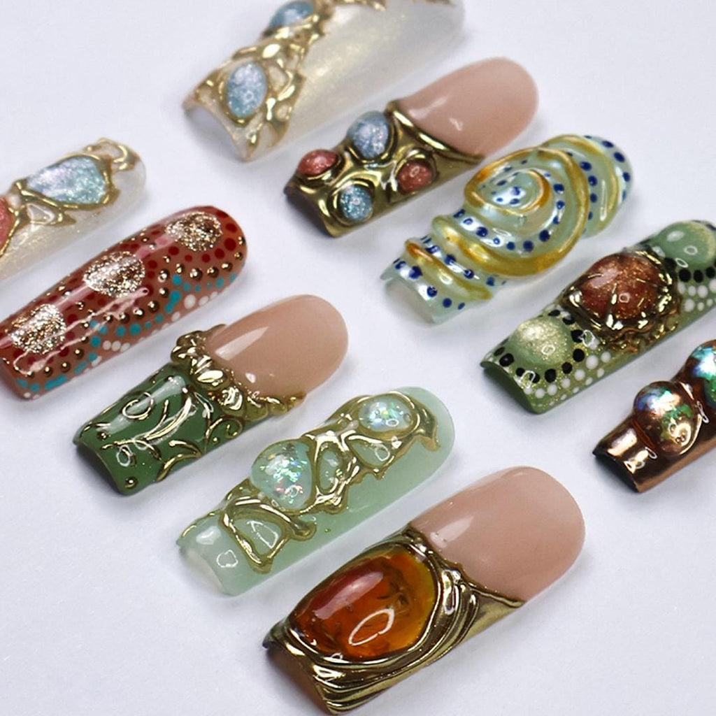 Arcanum Mystical Press-On Nails - 3D Gemstones, Gold Swirls & Artistic Details, Handmade Long Square Nails for Luxury and Unique Style