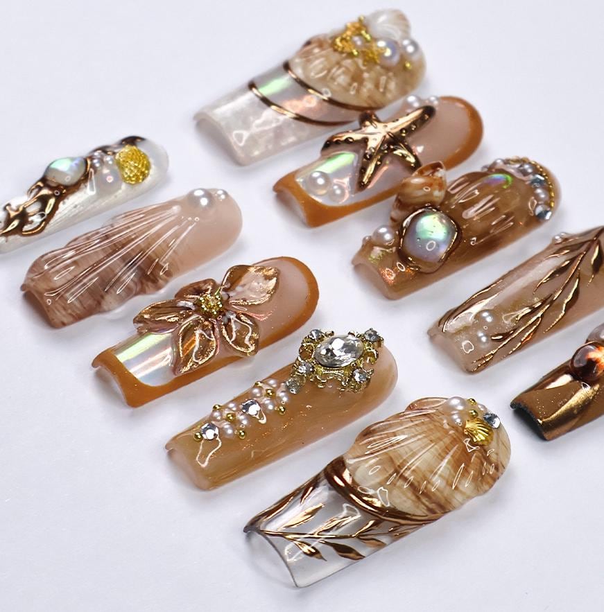 Seamyst Ocean-Inspired Press-On Nails - 3D Seashells, Pearls & Gold Details, Handmade Long Square Nails for Beach Lovers and Elegant Style