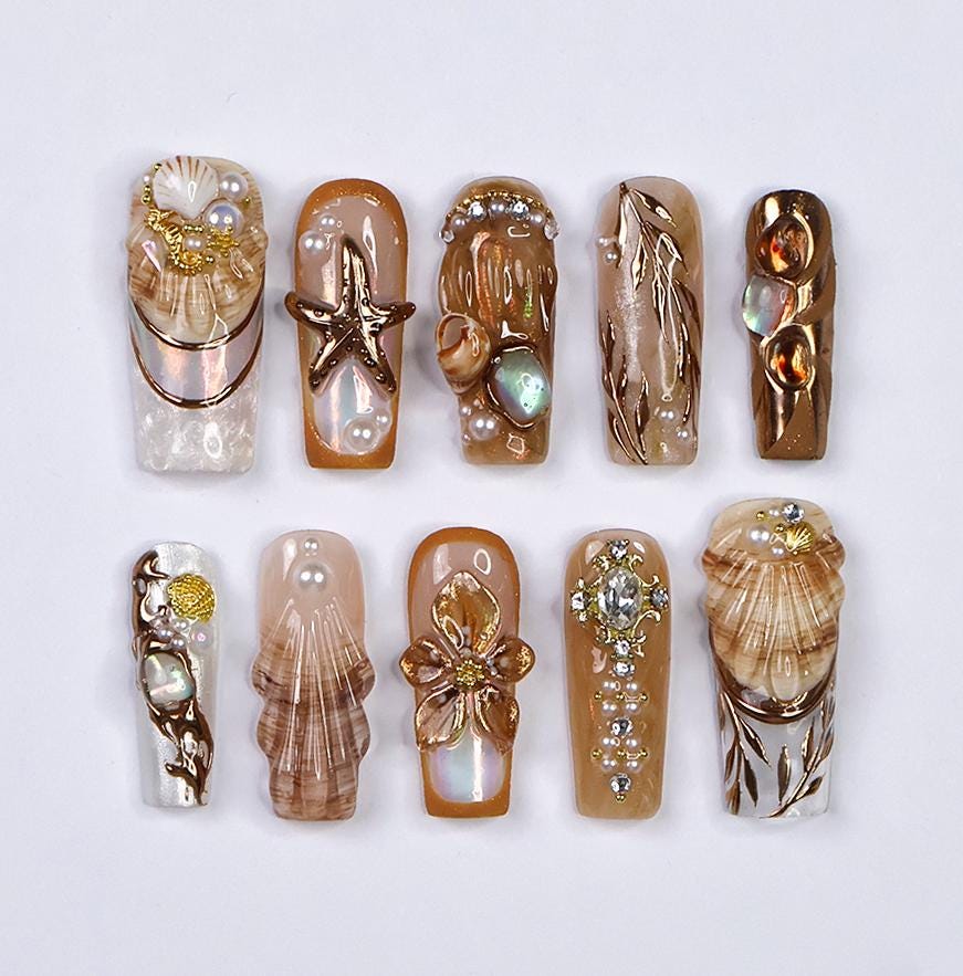 Seamyst Ocean-Inspired Press-On Nails - 3D Seashells, Pearls & Gold Details, Handmade Long Square Nails for Beach Lovers and Elegant Style