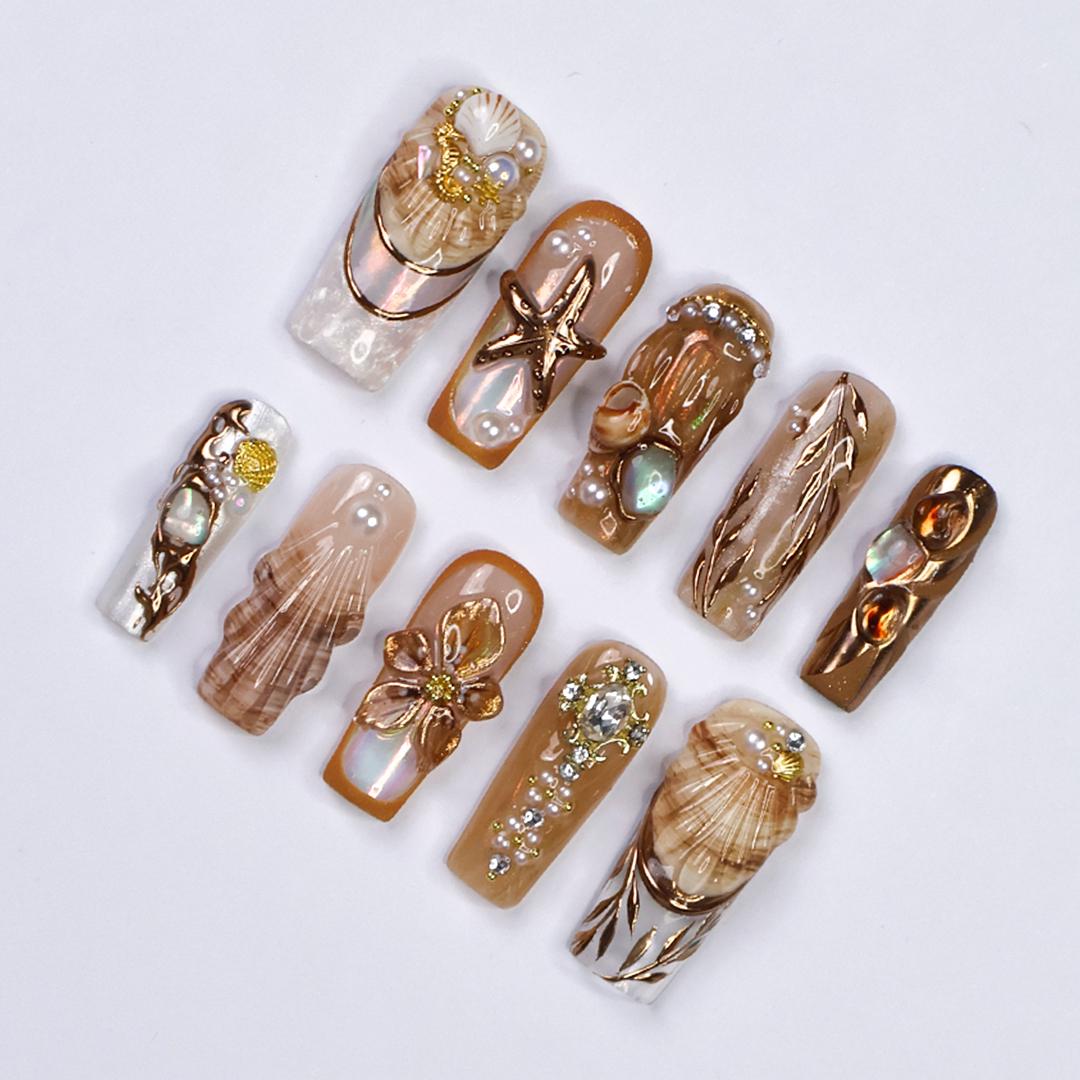 Seamyst Ocean-Inspired Press-On Nails - 3D Seashells, Pearls & Gold Details, Handmade Long Square Nails for Beach Lovers and Elegant Style