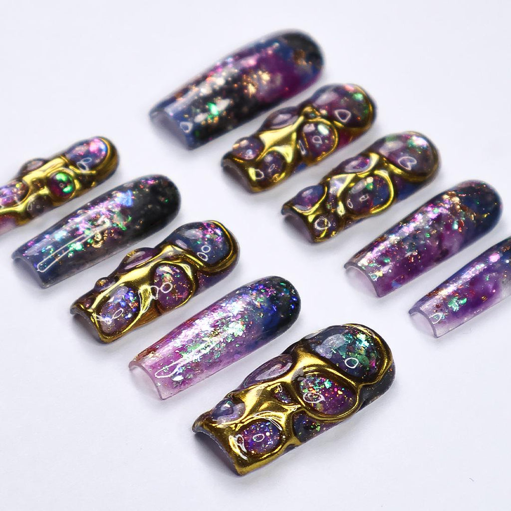 Cosmique Galaxy Press-On Nails - 3D Gold Accents, Iridescent Flakes & Cosmic Hues, Handmade Long Coffin Nails for Futuristic Elegance