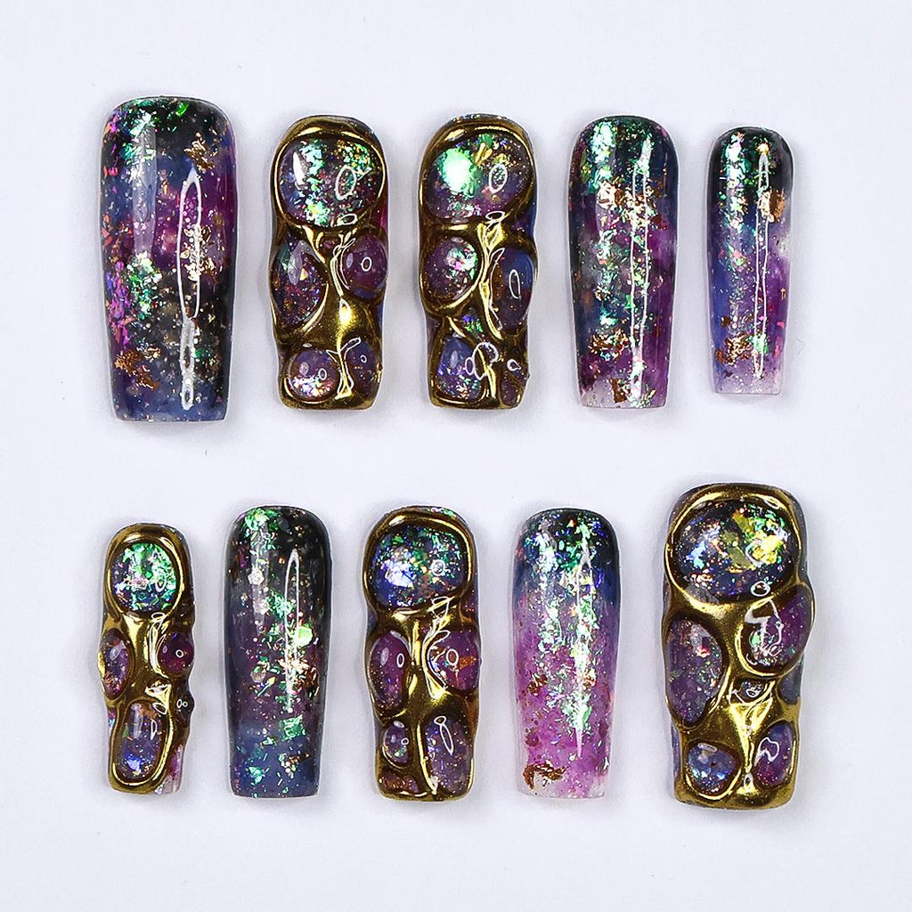 Cosmique Galaxy Press-On Nails - 3D Gold Accents, Iridescent Flakes & Cosmic Hues, Handmade Long Coffin Nails for Futuristic Elegance