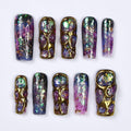 Cosmique Galaxy Press-On Nails - 3D Gold Accents, Iridescent Flakes & Cosmic Hues, Handmade Long Coffin Nails for Futuristic Elegance