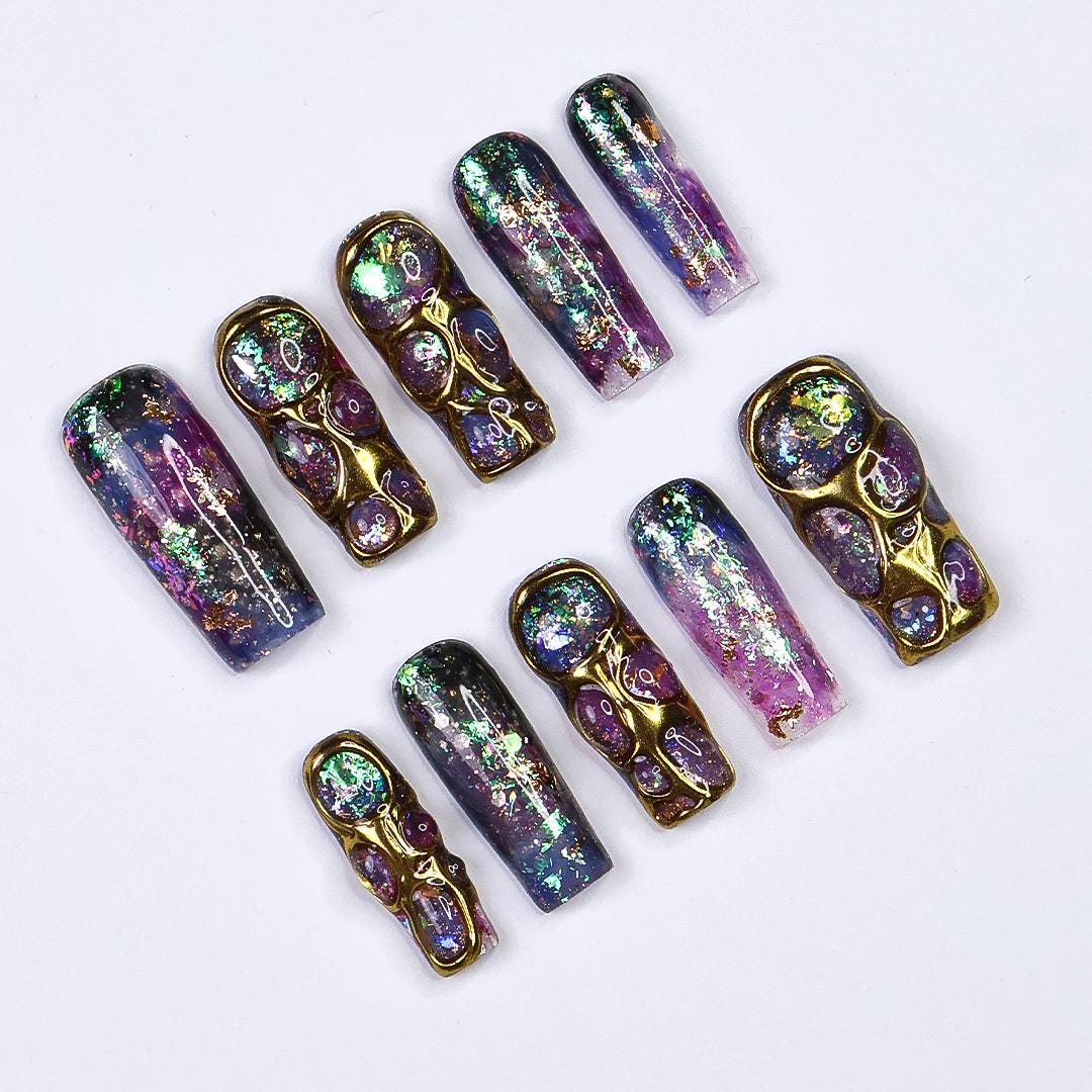 Cosmique Galaxy Press-On Nails - 3D Gold Accents, Iridescent Flakes & Cosmic Hues, Handmade Long Coffin Nails for Futuristic Elegance