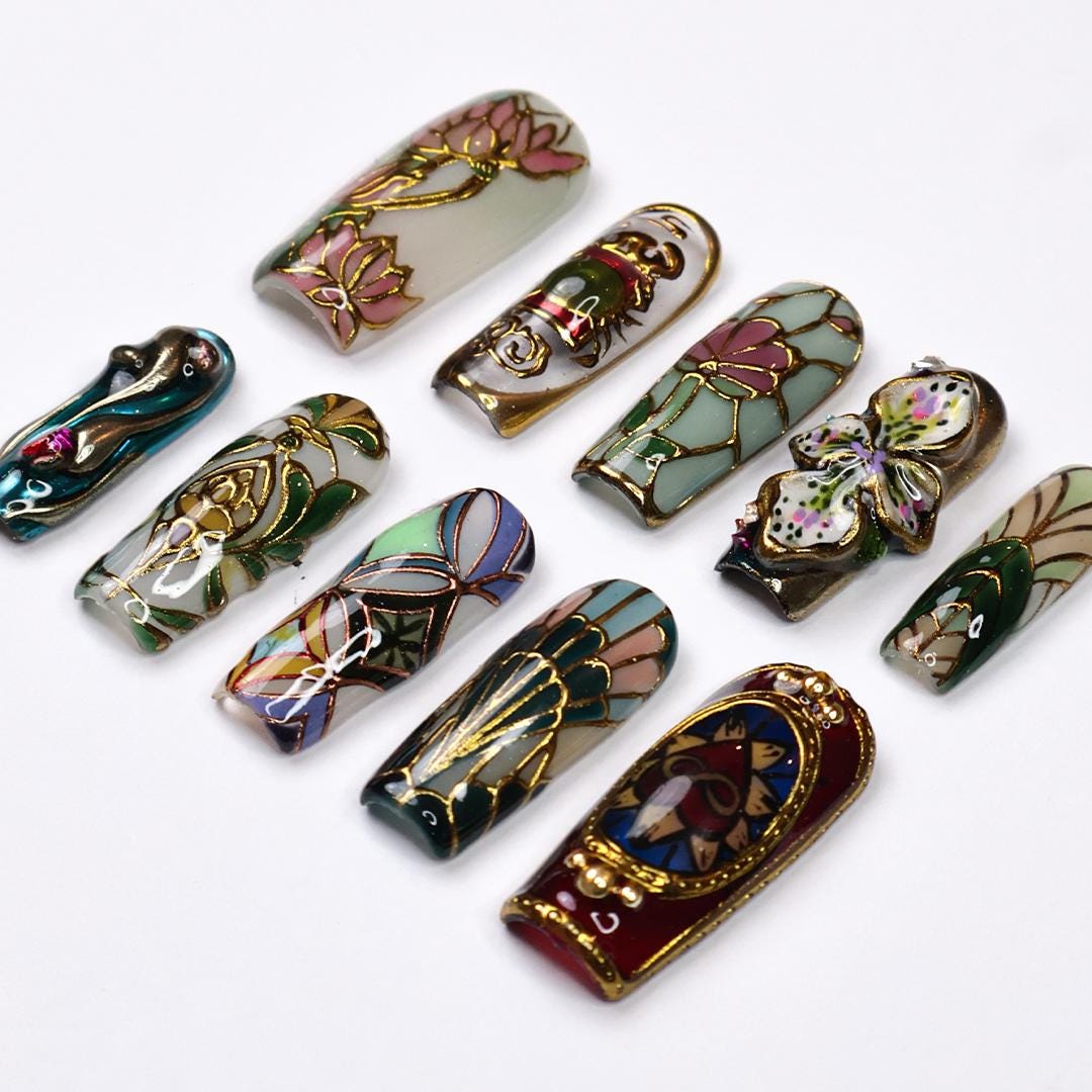 Vitrella Stained Glass Press-On Nails - 3D Gold Details, Floral Accents & Jewel Tones, Handmade Long Square Nails for Art and Vintage Lovers