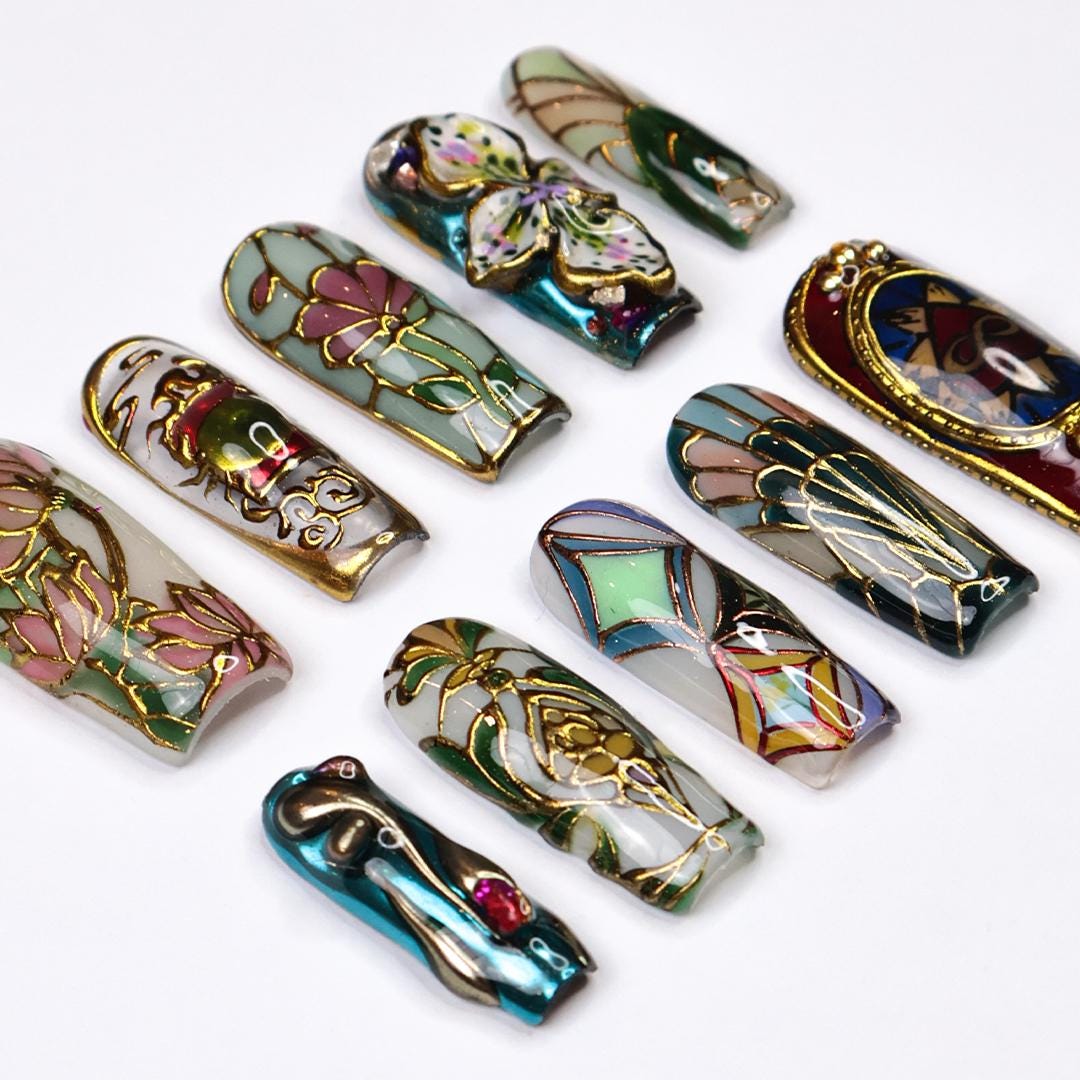 Vitrella Stained Glass Press-On Nails - 3D Gold Details, Floral Accents & Jewel Tones, Handmade Long Square Nails for Art and Vintage Lovers