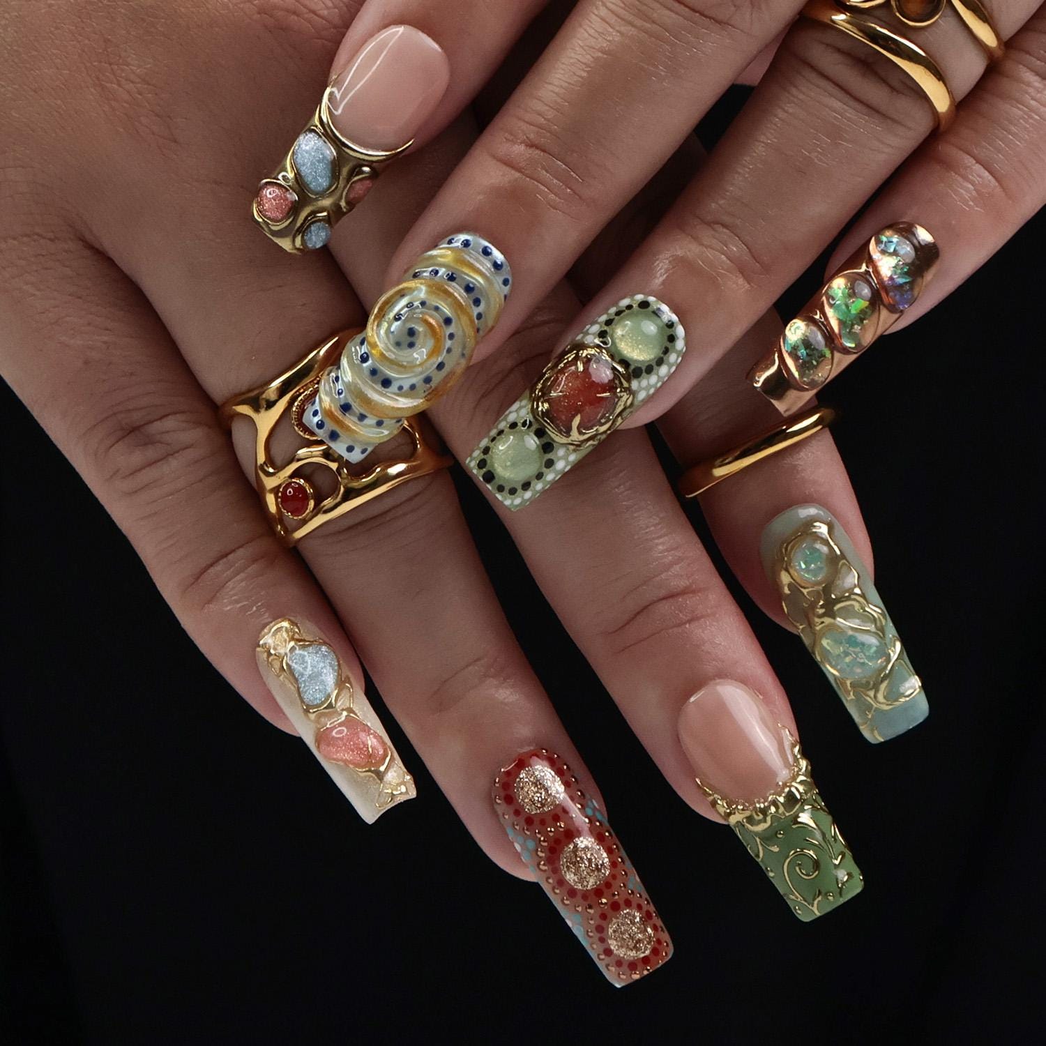 Arcanum Mystical Press-On Nails - 3D Gemstones, Gold Swirls & Artistic Details, Handmade Long Square Nails for Luxury and Unique Style