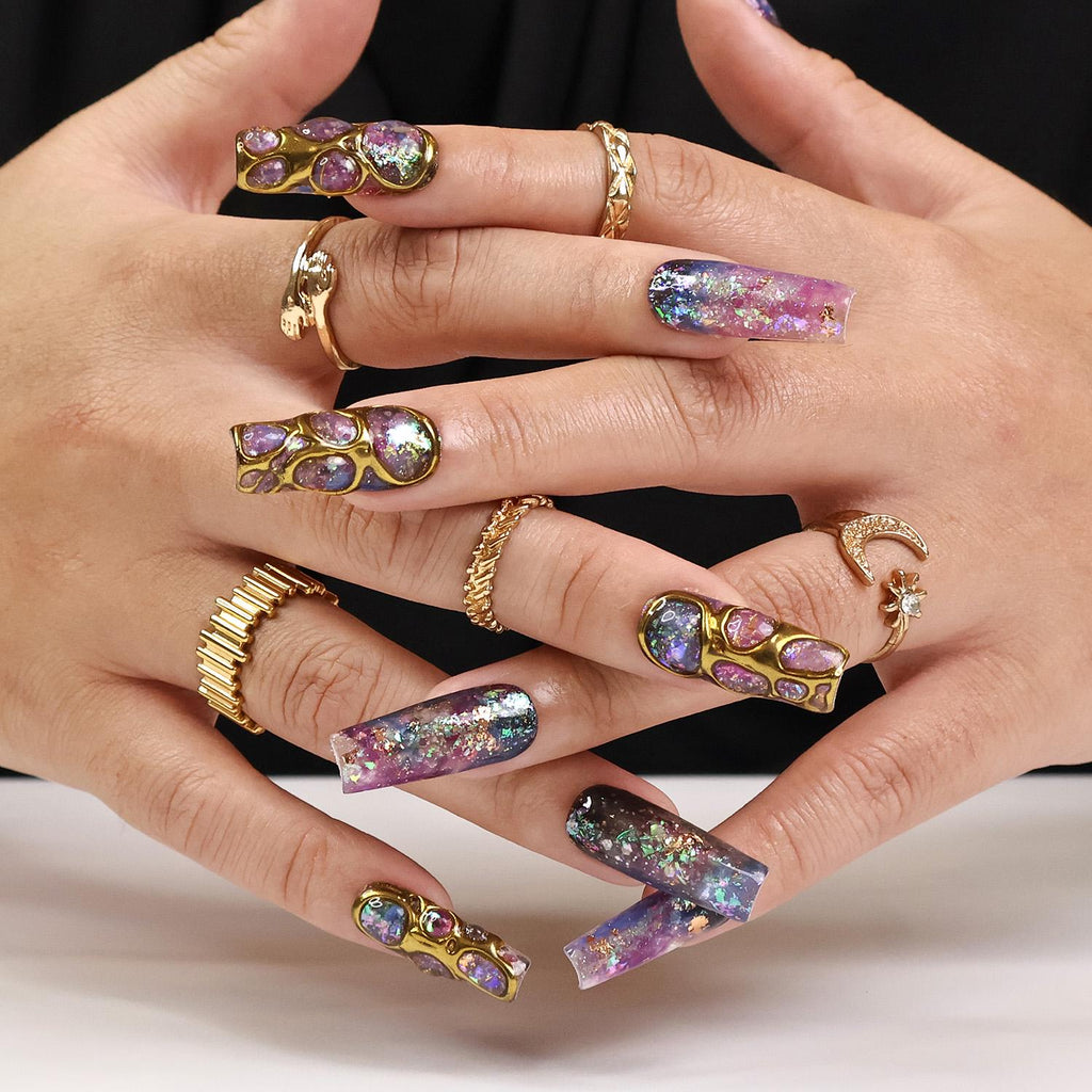 Cosmique Galaxy Press-On Nails - 3D Gold Accents, Iridescent Flakes & Cosmic Hues, Handmade Long Coffin Nails for Futuristic Elegance