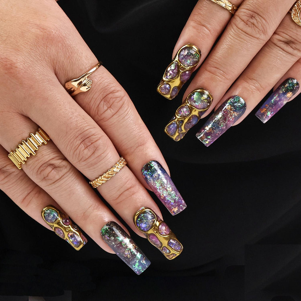 Cosmique Galaxy Press-On Nails - 3D Gold Accents, Iridescent Flakes & Cosmic Hues, Handmade Long Coffin Nails for Futuristic Elegance