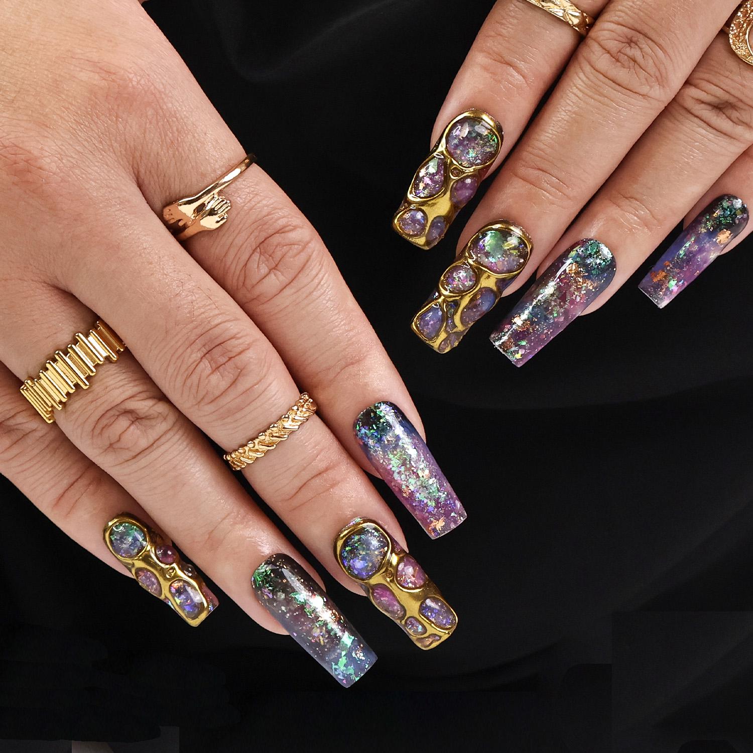 Cosmique Galaxy Press-On Nails - 3D Gold Accents, Iridescent Flakes & Cosmic Hues, Handmade Long Coffin Nails for Futuristic Elegance