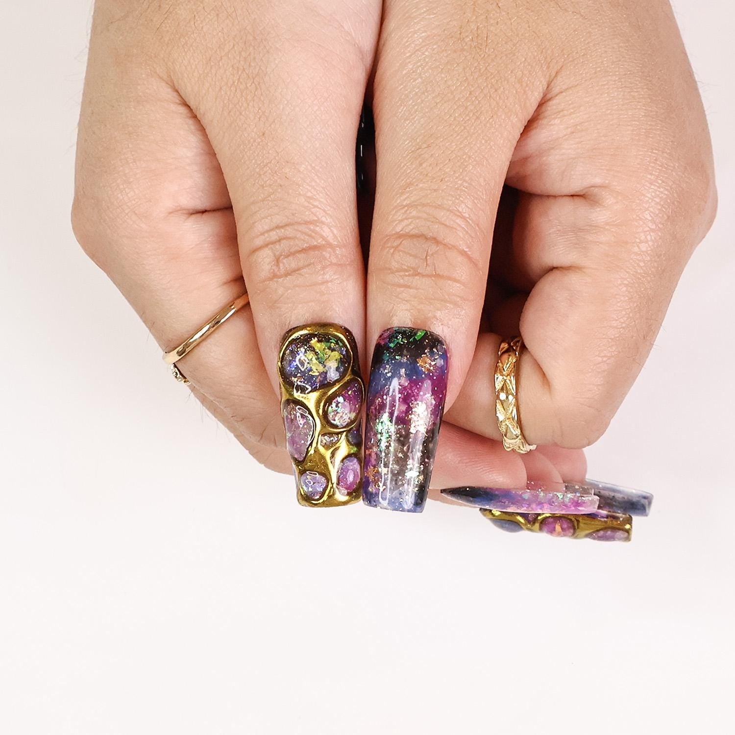 Cosmique Galaxy Press-On Nails - 3D Gold Accents, Iridescent Flakes & Cosmic Hues, Handmade Long Coffin Nails for Futuristic Elegance