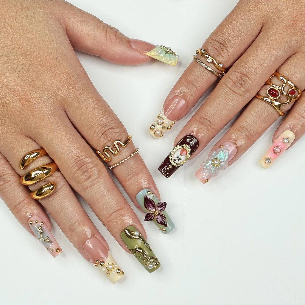 Elysian Romantic Press-On Nails - 3D Flowers, Gold & Pearl Details, Handmade Long Square Nails for Classic Elegance, Events and Gift For Her