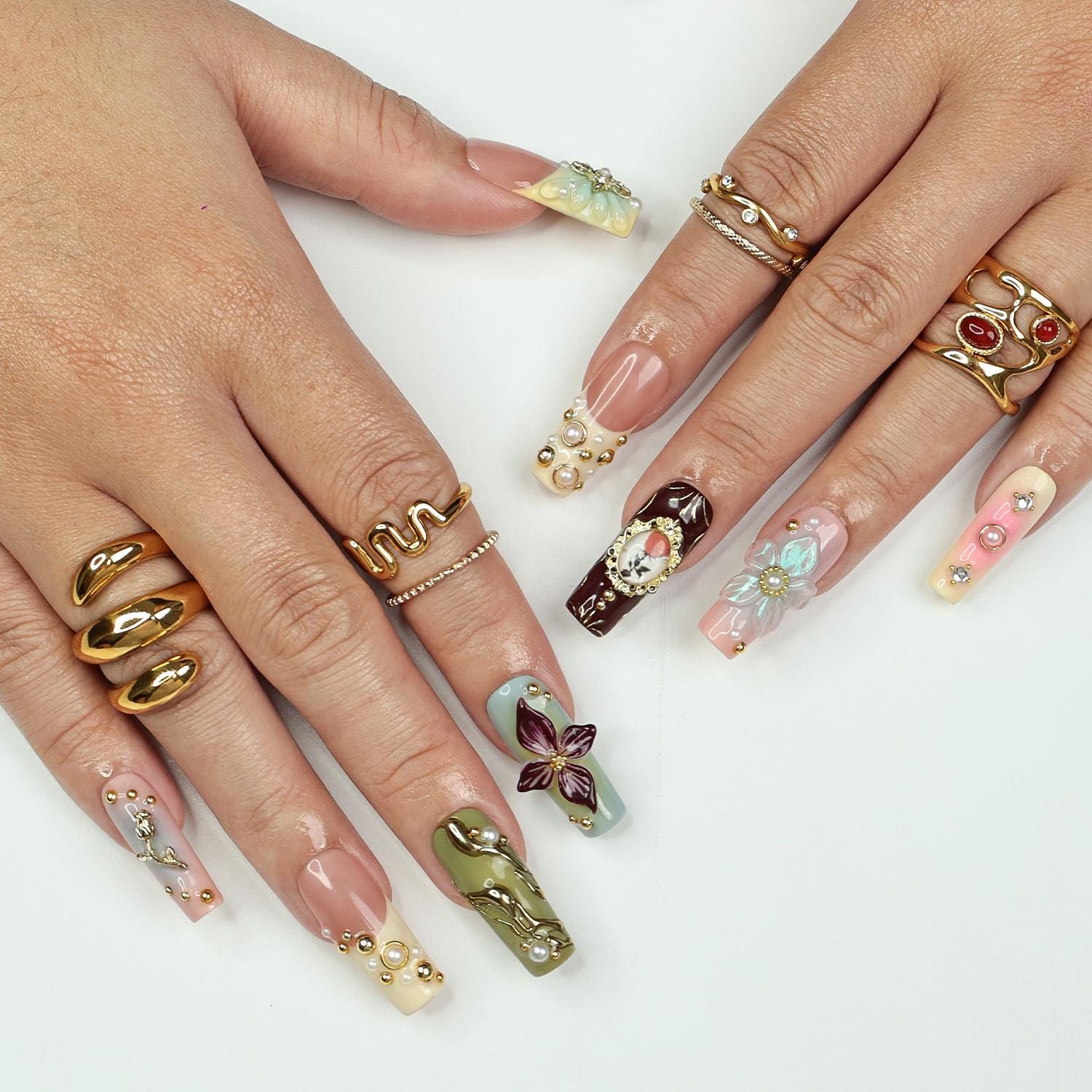 Elysian Romantic Press-On Nails - 3D Flowers, Gold & Pearl Details, Handmade Long Square Nails for Classic Elegance, Events and Gift For Her