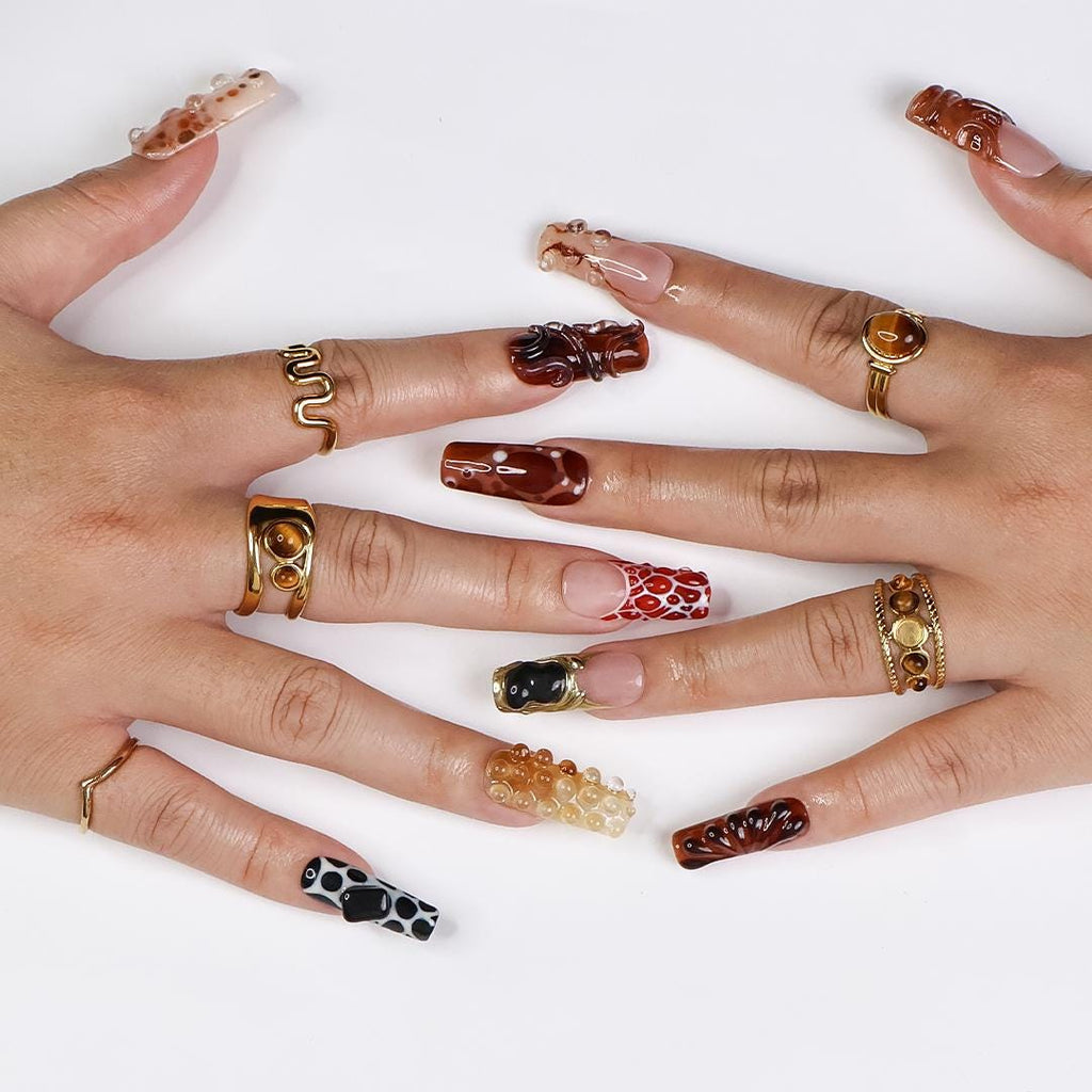 Molten Press-On Nails With Brown, Caramel & Black Abstract Nail Art, Long Square Set for Artistic Looks, Edgy Aesthetics and Unique Gifts