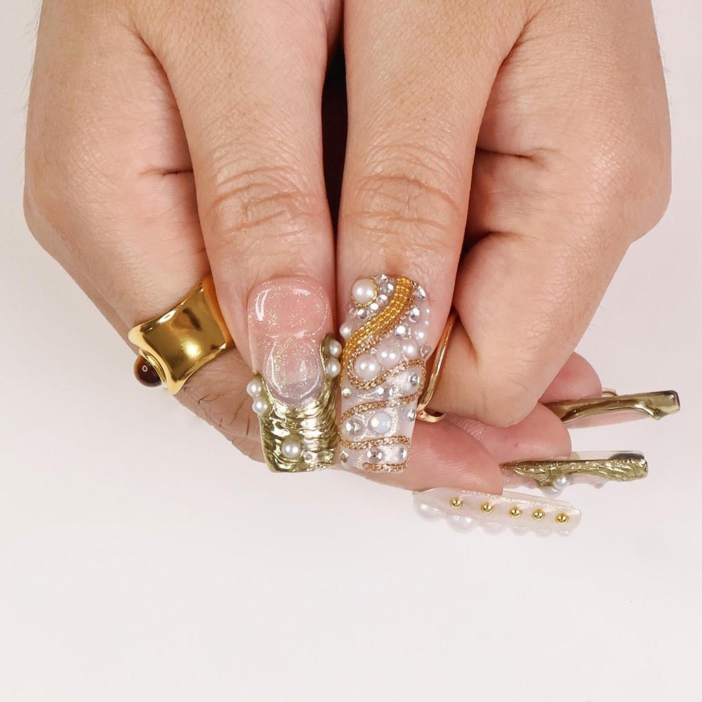 Opulent Drip Long Square Press-On Nails - Gold Molten Metal & Pearl, Handmade Luxury Nails For Couture Looks, Festivals Or Unique Gifts