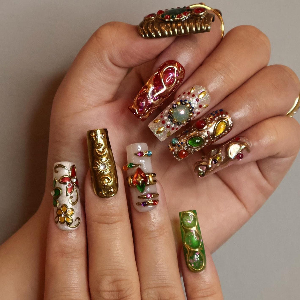 Regalia Press-On Nails - Royal-Inspired Red, Green & Gold Jewel Nail Set, Handmade Long Square Nails for Opulent Looks, Events and Gifts