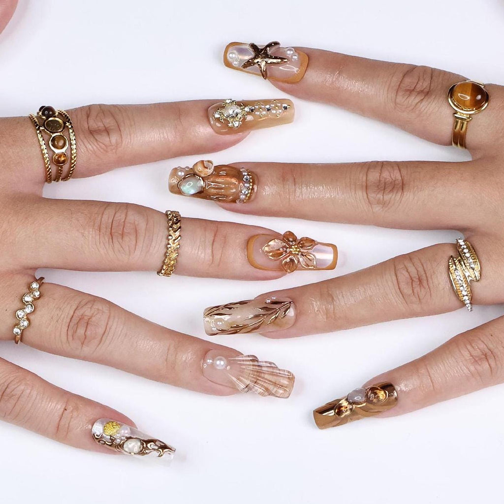 Seamyst Ocean-Inspired Press-On Nails - 3D Seashells, Pearls & Gold Details, Handmade Long Square Nails for Beach Lovers and Elegant Style