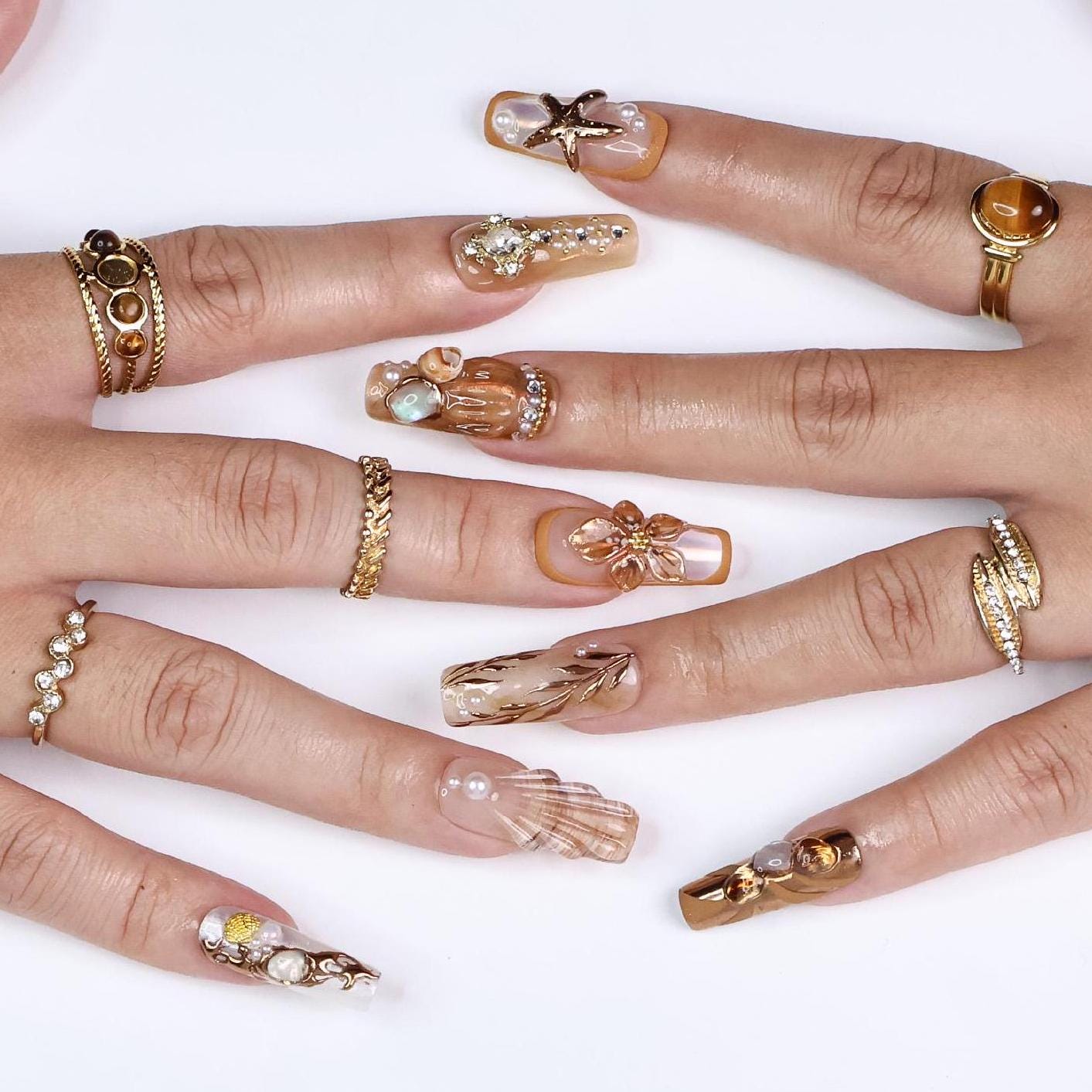 Seamyst Ocean-Inspired Press-On Nails - 3D Seashells, Pearls & Gold Details, Handmade Long Square Nails for Beach Lovers and Elegant Style