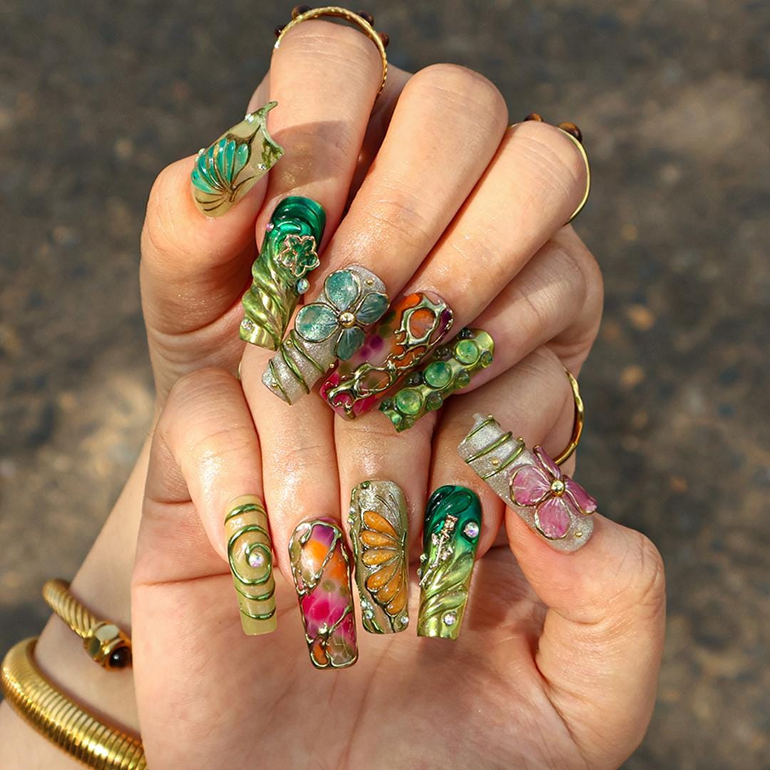 Botanica Long Square Press-On Nails - Vibrant Green & Floral 3D Nail Set, Handmade Nails for Fairy-Tale Looks and Weddings Or Gift For Her