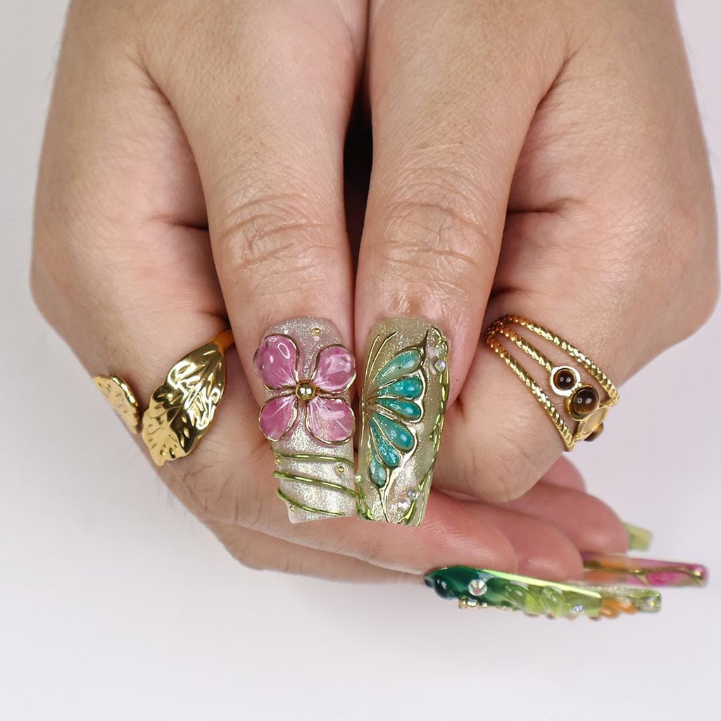 Botanica Long Square Press-On Nails - Vibrant Green & Floral 3D Nail Set, Handmade Nails for Fairy-Tale Looks and Weddings Or Gift For Her