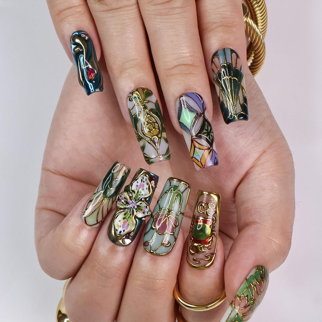 Vitrella Stained Glass Press-On Nails - 3D Gold Details, Floral Accents & Jewel Tones, Handmade Long Square Nails for Art and Vintage Lovers
