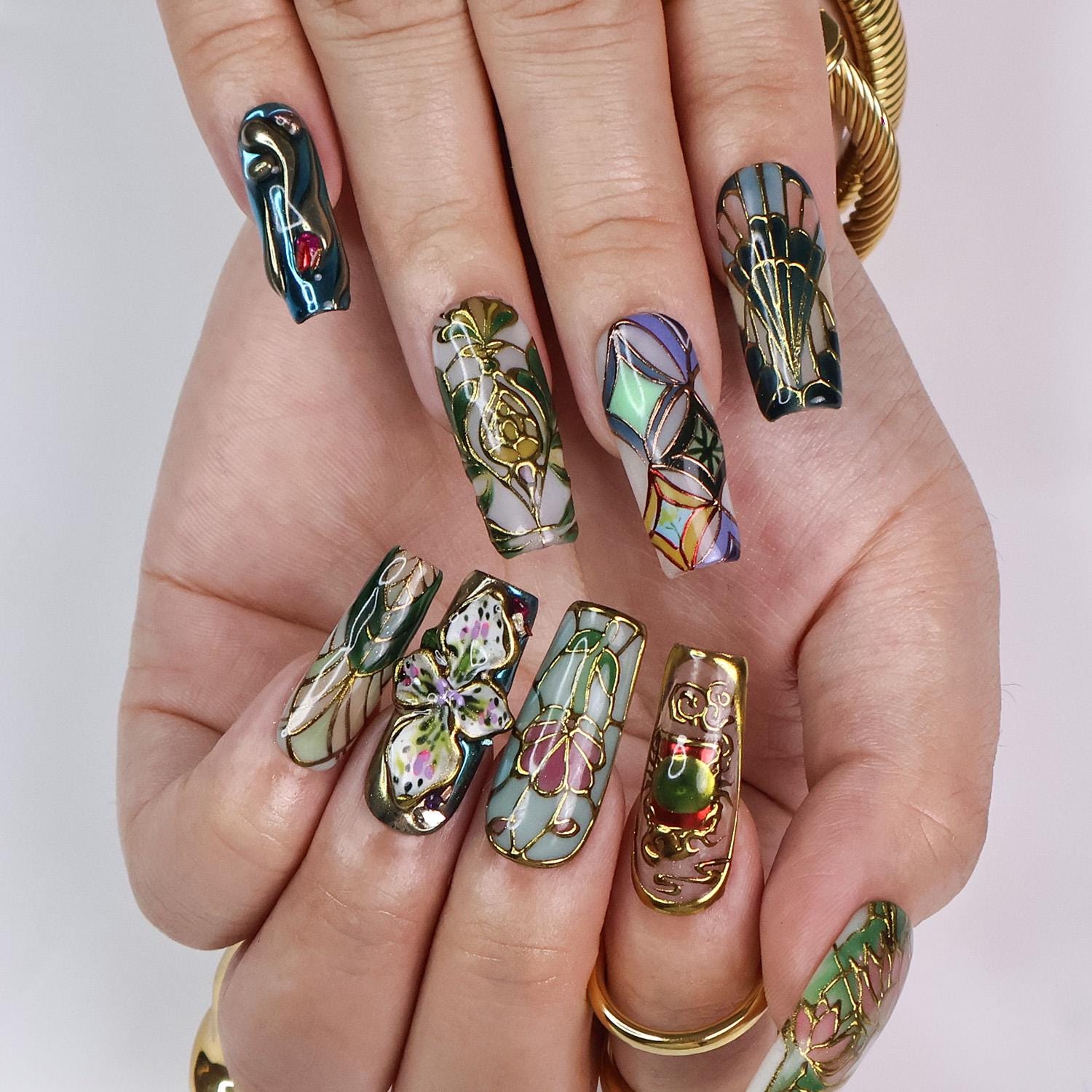 Vitrella Stained Glass Press-On Nails - 3D Gold Details, Floral Accents & Jewel Tones, Handmade Long Square Nails for Art and Vintage Lovers