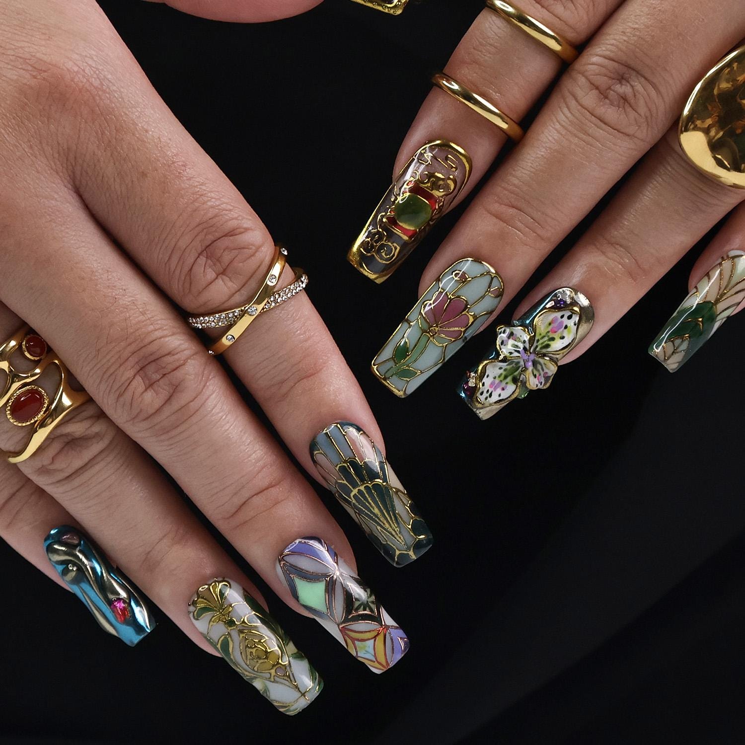 Vitrella Stained Glass Press-On Nails - 3D Gold Details, Floral Accents & Jewel Tones, Handmade Long Square Nails for Art and Vintage Lovers