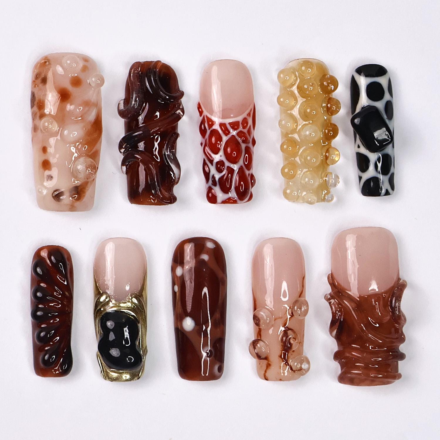 Molten Press-On Nails With Brown, Caramel & Black Abstract Nail Art, Long Square Set for Artistic Looks, Edgy Aesthetics and Unique Gifts