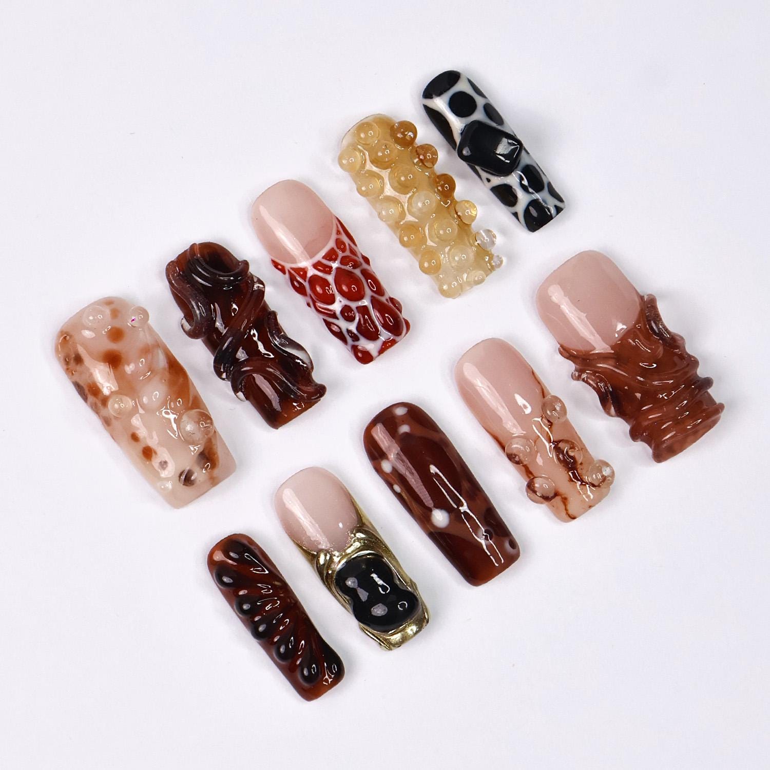 Molten Press-On Nails With Brown, Caramel & Black Abstract Nail Art, Long Square Set for Artistic Looks, Edgy Aesthetics and Unique Gifts