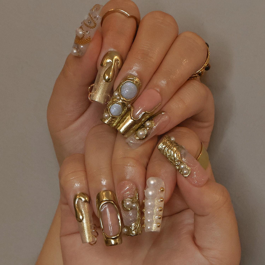 Opulent Drip Long Square Press-On Nails - Gold Molten Metal & Pearl, Handmade Luxury Nails For Couture Looks, Festivals Or Unique Gifts