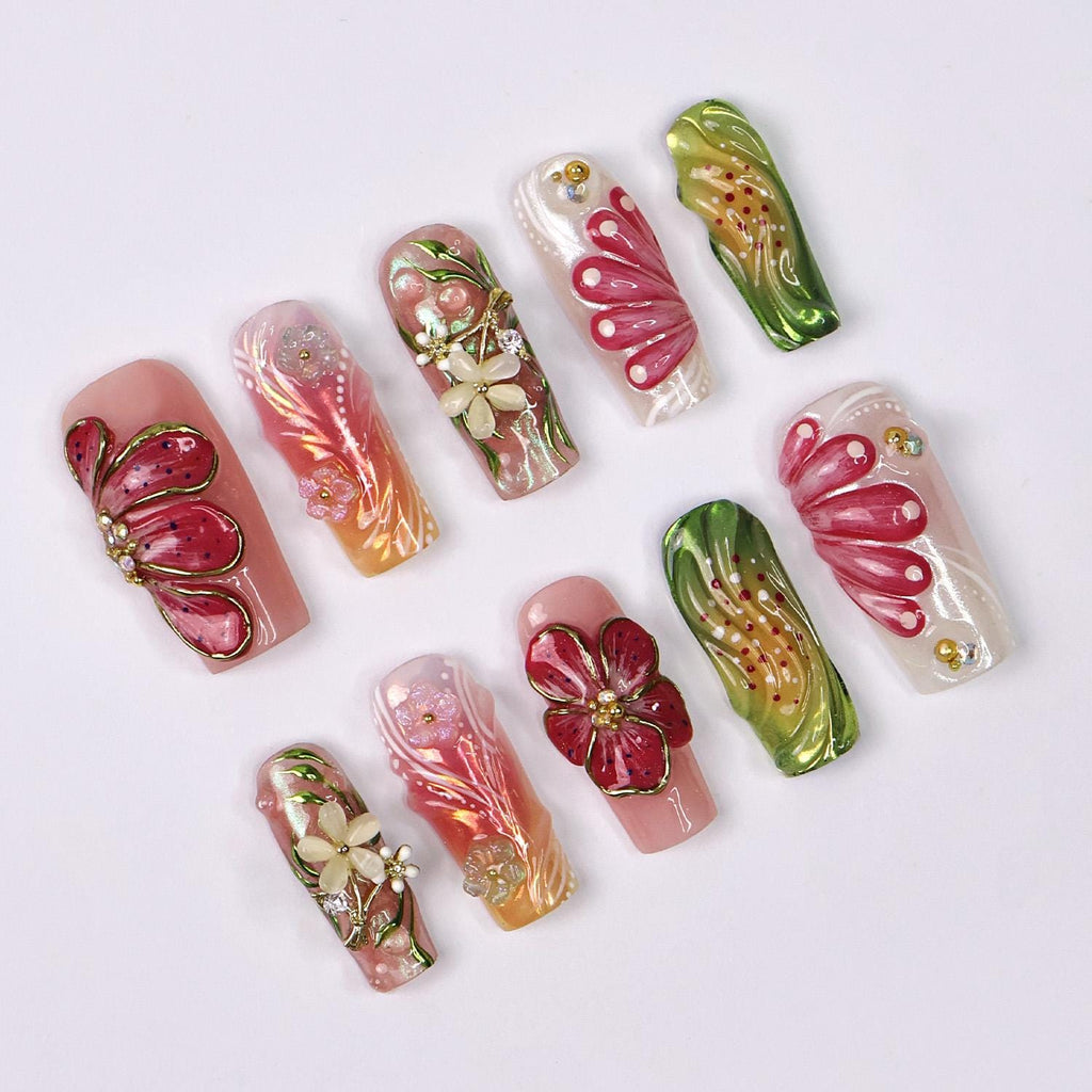 Press On Nails Petalia With Hibiscus | 3D Floral Fake Nails in Long Square | Handmade Spring Nail Art for Holiday, Vacation, Birthday