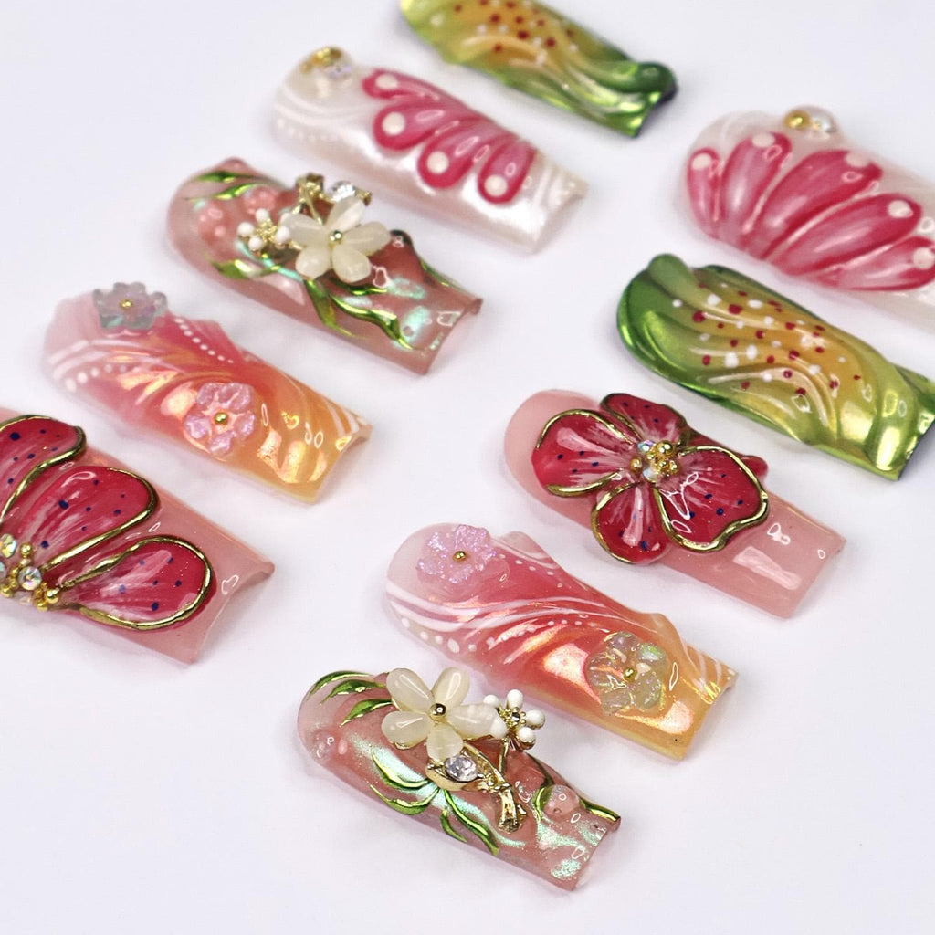 Press On Nails Petalia With Hibiscus | 3D Floral Fake Nails in Long Square | Handmade Spring Nail Art for Holiday, Vacation, Birthday
