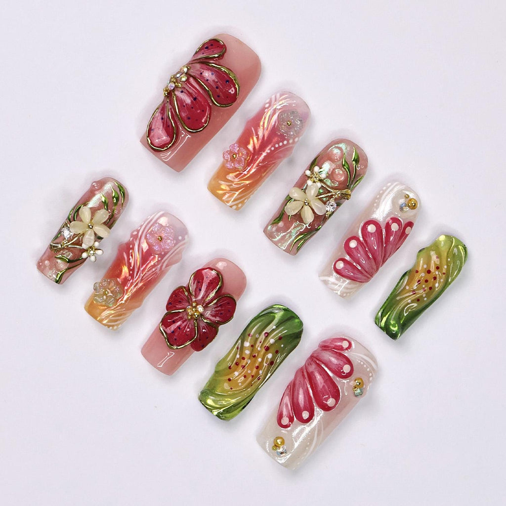 Press On Nails Petalia With Hibiscus | 3D Floral Fake Nails in Long Square | Handmade Spring Nail Art for Holiday, Vacation, Birthday
