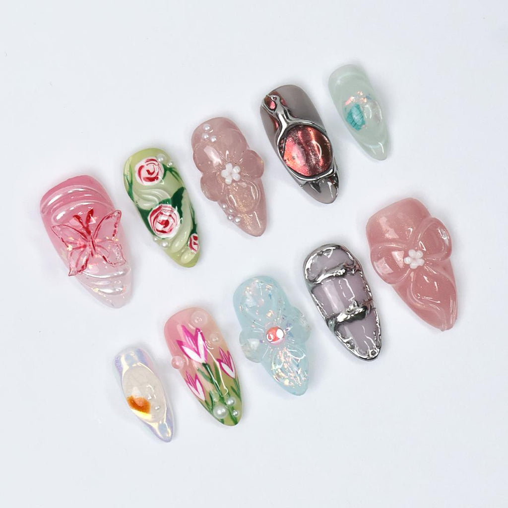 Springtime - 3D Flowers Medium Almond Press on nails, Handmade Floral False Nails for Holiday, Vacation, Birthday, Prom Nails. Gift for Her